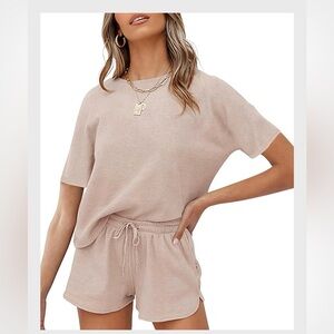 MEROKEETY WOMENS SHORT SLEEVE WAFFLE PAJAMA SET SIZE MEDIUM